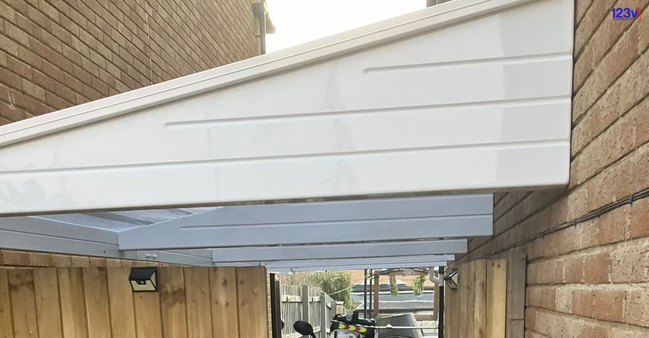 123v White GRP Cantilever Carport installed in Plymouth