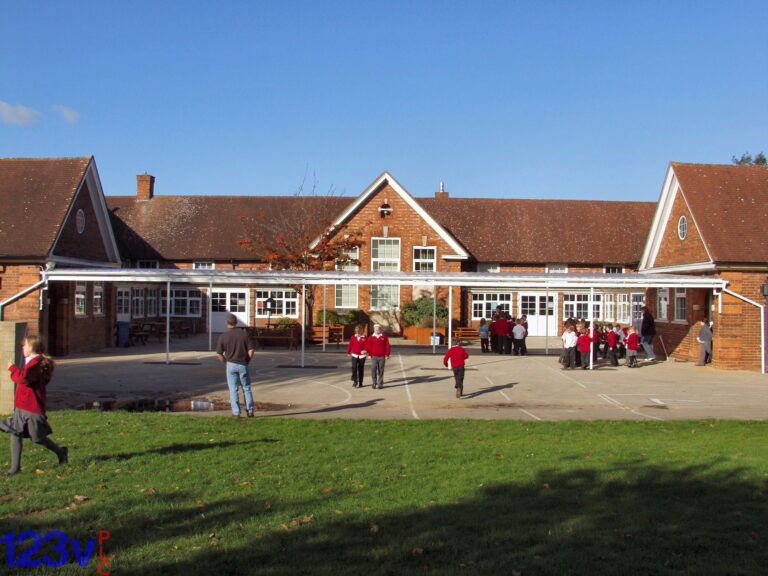 school building with canopy and walkway