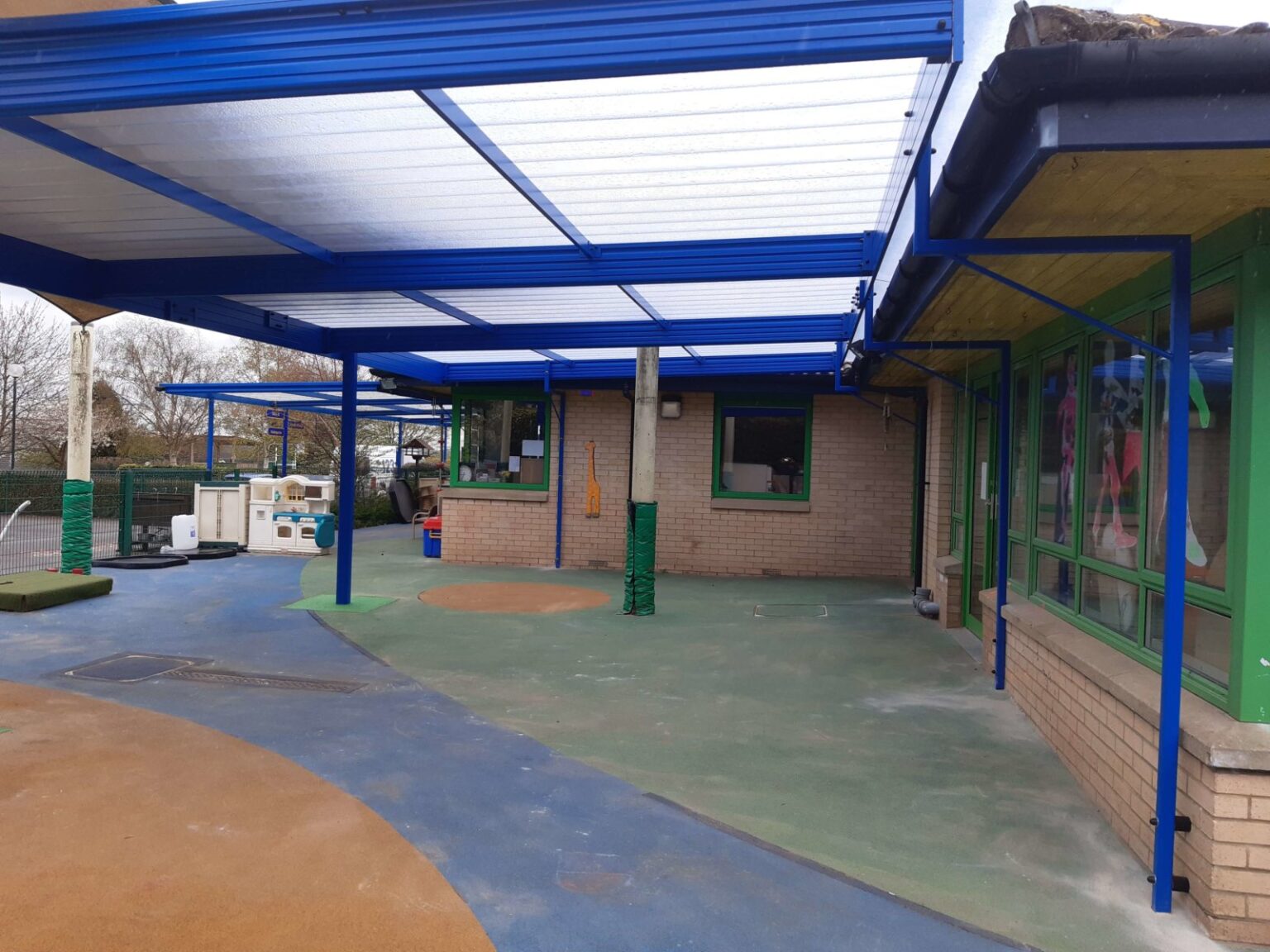Large Playground Canopies in Bright Blue for Multiple Classrooms in Leeds UK by 123v plc