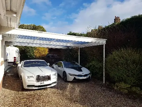 Traditional Lean-To Carport and luxury cars