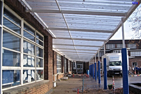 Long School walkway with post covers